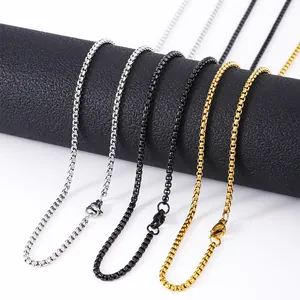 Polished stainless steel box chain necklaces in silver, black, and gold with lobster clasps