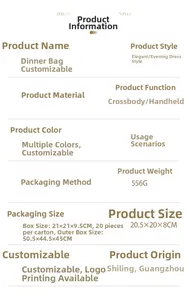 Size chart showing 20.5x20x8cm dimensions for the acrylic evening clutch bag