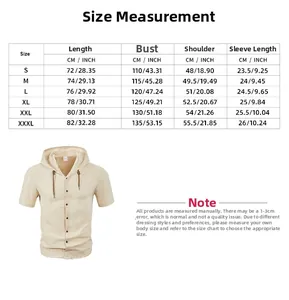 Detailed size guide table for men's linen short sleeve hooded shirt from S to 3XL