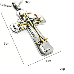 Collier à pendentif croix triple épaisseur or et argent avec chaîne à billes 60cm