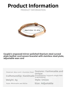 Detail of adjustable woven wax cord bracelet with polished stainless steel bar and size info