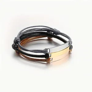 Minimalist adjustable woven rope bracelet set with polished stainless steel plates