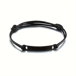 Minimalist black braided rope bracelet with matte metal plate for men and women