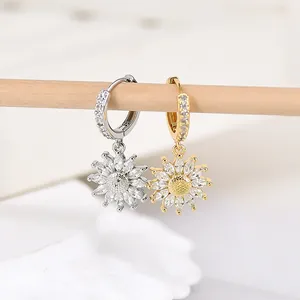 Elegant S925 sunflower earrings with sparkling zircons in gold and silver finish