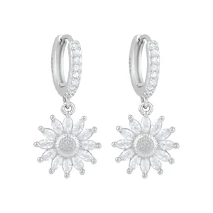 Elegant S925 sterling silver sunflower drop earrings with sparkling zircon gemstones