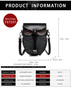 Dimensions détaillées du sac bandoulière hibou en cuir PU avec annotations de taille