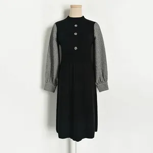 Elegant Women's Knit Midi Dress With Houndstooth Patchwork Sleeves And Decorative Buttons Slim Fit Long Sleeve Autumn Ribbed Dress