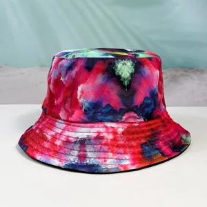 Cappello a secchiello tie-dye estivo con motivi astratti rosa e blu in tessuto twill