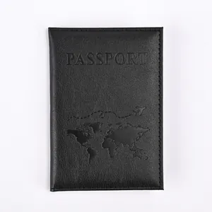 Minimalist black PU leather passport holder with embossed world map and airplane design