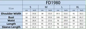 Größentabelle für das FD1980 Sommerkleid mit Maßen in cm und Zoll für die Größen S-XL