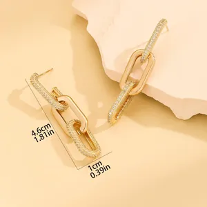 European gold chain link earrings with micro pavé rhinestones in a polished 46mm design