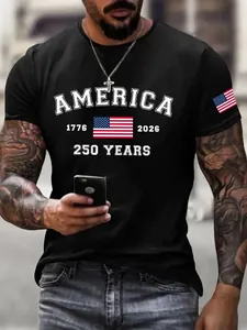 Detail of American 250th anniversary print on a black men's cotton T-shirt