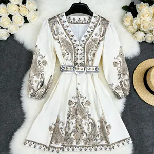 Damen Böhmisch Paisley Druck V-Ausschnitt Maxi Kleid Vintage Lange Laternenärmel A-Linie Urlaubs Kleider Mit Gürtel Sommer Kleidung