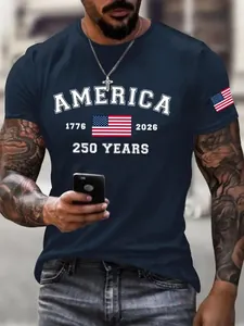 Close-up of America 250 years commemorative print on navy blue crew neck men's T-shirt