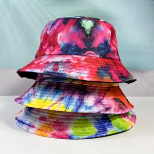Cappello da Pescatore Tie Dye per Donna Uomo Unisex Doppia Faccia Poliestere Protezione Solare Tesa Larga Corona Piatta Spiaggia