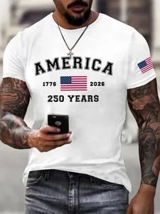 Detail of white cotton T-shirt featuring American 250th anniversary graphic on sleeve