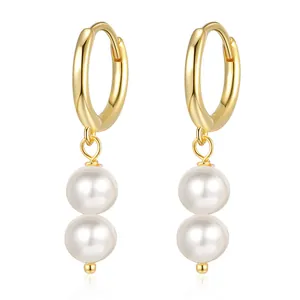 Boucles d'Oreilles Créoles en Argent Sterling 925 avec Double Künstliche Perle pour Femme Petites Créoles Dorées et Argentées Élégantes