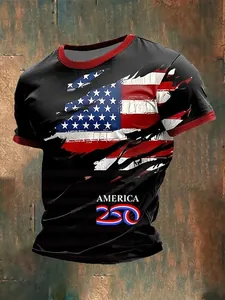 Close-up of the vintage USA flag and America 250 print on a black cotton t-shirt