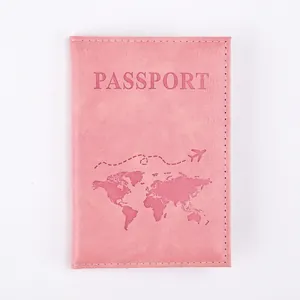 Pink PU leather passport cover with world map pattern and white background detail