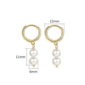 Élégantes boucles d'oreilles créoles dorées en argent 925 avec double perle blanche 6mm