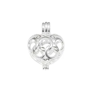 Hollow heart-shaped pearl cage pendant in silver finish with intricate celtic knot patterns