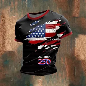 Men's black t-shirt with American flag print and America 250 text on industrial background