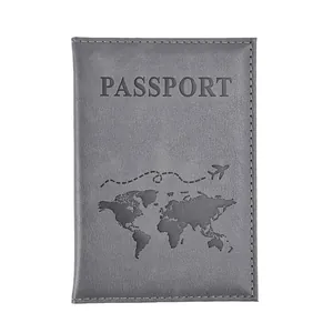 Grey PU leather passport cover with embossed world map and passport text