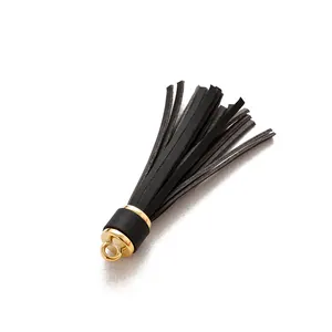 Classic black PU leather tassel keychain pendant with elegant golden metal connector