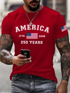 Herren T-Shirt in Rot mit US-Flaggen-Druck und 1776-2026 Gedenkdesign für Männer