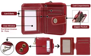Detail showing red leather wallet interior with card slots and a metal sunflower clasp