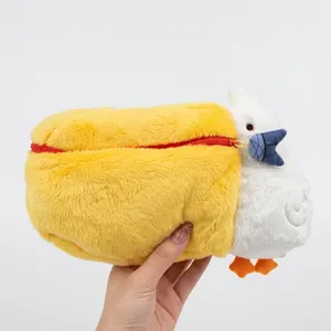 Macro shot of creative pelican plush camera bag with yellow zipper outer shell and bow detail