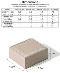Detailed size parameters table for brushed leather jewelry boxes showing various dimensions
