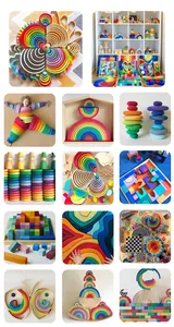 Nahaufnahme der 12-teiligen großen Regenbogen-Stapelsteine aus Holz mit kreativen Mustern