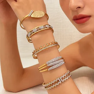 Elegant gold plated stainless steel wave bangles and zircon leaf bracelets set for women
