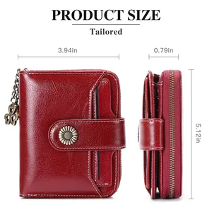 Detailed size specifications for red faux leather wallet showing 5.12x3.94x0.79 inch dimensions