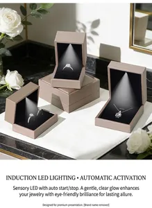 Detail view of champagne gold jewelry box with LED spotlight illuminating the black lining