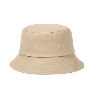 Close-up of khaki cotton bucket hat with reinforced stitching on the brim