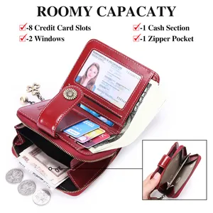 Detailed interior of wine red leather wallet with card slots and coin zipper pocket