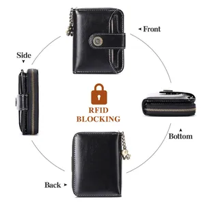 Detailed views of women's short leather wallet with RFID blocking and floral pendant