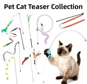 Variety pack of cat teaser wands featuring feathers, ribbons, and plush interactive toys