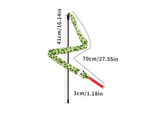 Cat teaser toy dimensions showing 41cm wand and 70cm green fabric snake attachment