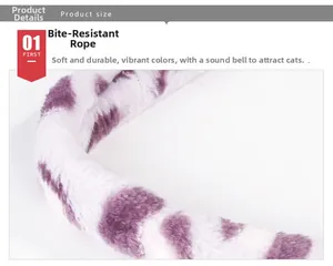 Detail of durable plush cat toy rope with purple leopard print and built-in bell