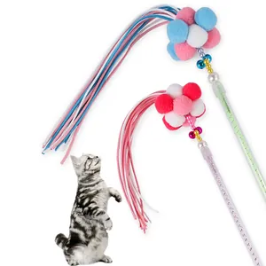Interactive cat wand toy with colorful plush flower, ribbons and beads for pets