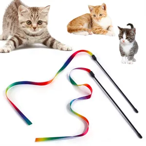Rainbow silk cat teaser wands with long colorful ribbons and three playing kittens