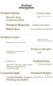Specifications for luxury snail-shaped evening clutch bag in metal box material