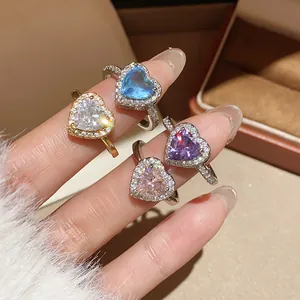 18k gold plated heart rings with colorful zircon halo setting for women on fingers