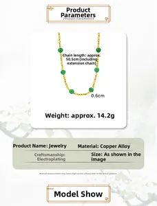 Detailed view of gold and green beads necklace with dimensions and material specs