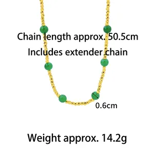 Gold beaded necklace with green gemstone accents, 50.5cm length, 14.2g weight