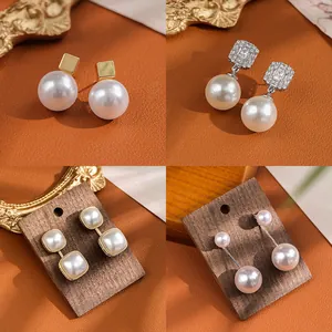 Elegant Faux Artificial Pearl Stud Earrings With 925 Sterling Silver Earring Post Geometric Zirconia Gold Plated Jewelry For Women