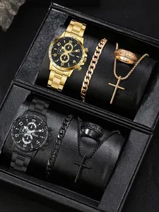 Business men's watch set featuring steel band watch, Cuban bracelet, ring and cross necklace